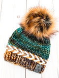 Tidal Crest Latvian Braid Brim Beanie in Laguna Negra Adult