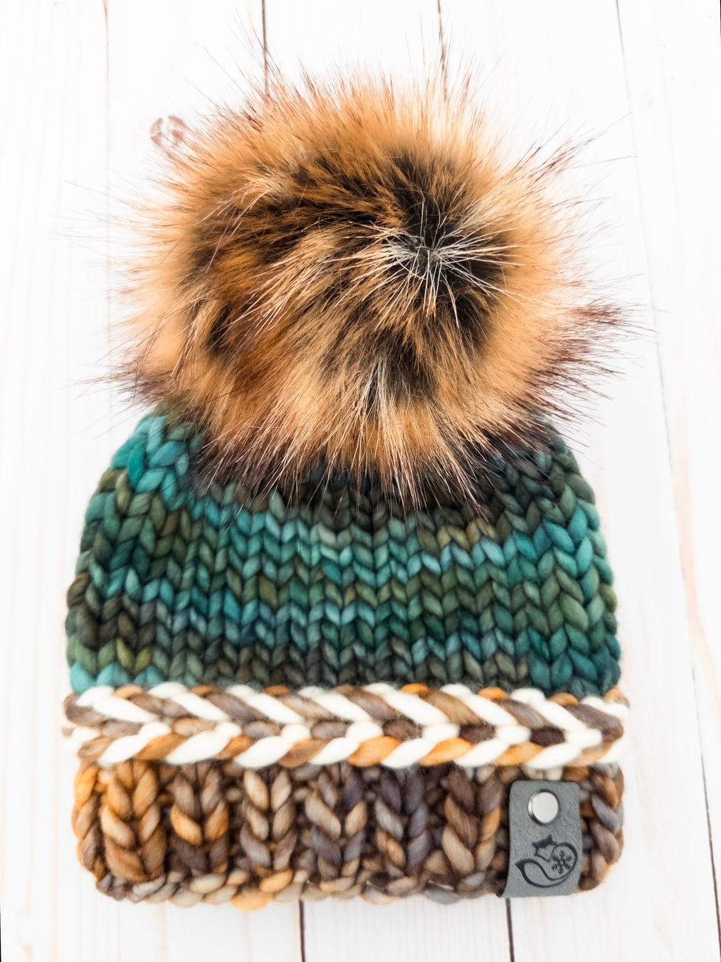 Tidal Crest Latvian Braid Brim Beanie in Laguna Negra Adult