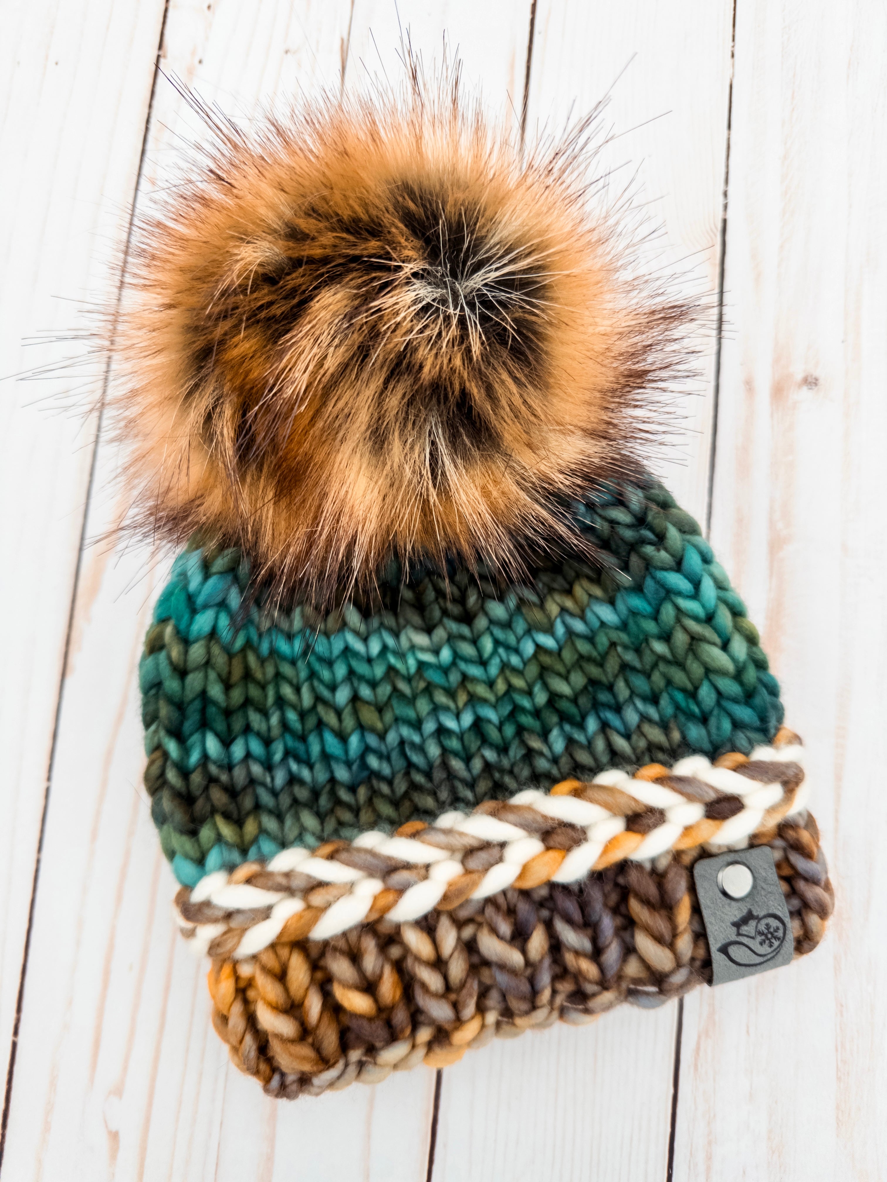 Tidal Crest Latvian Braid Brim Beanie in Laguna Negra Adult
