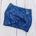 Hand knit Mecha merino wool twist headband in London Sky colorway featuring rich tonal blue hand-dyed merino wool