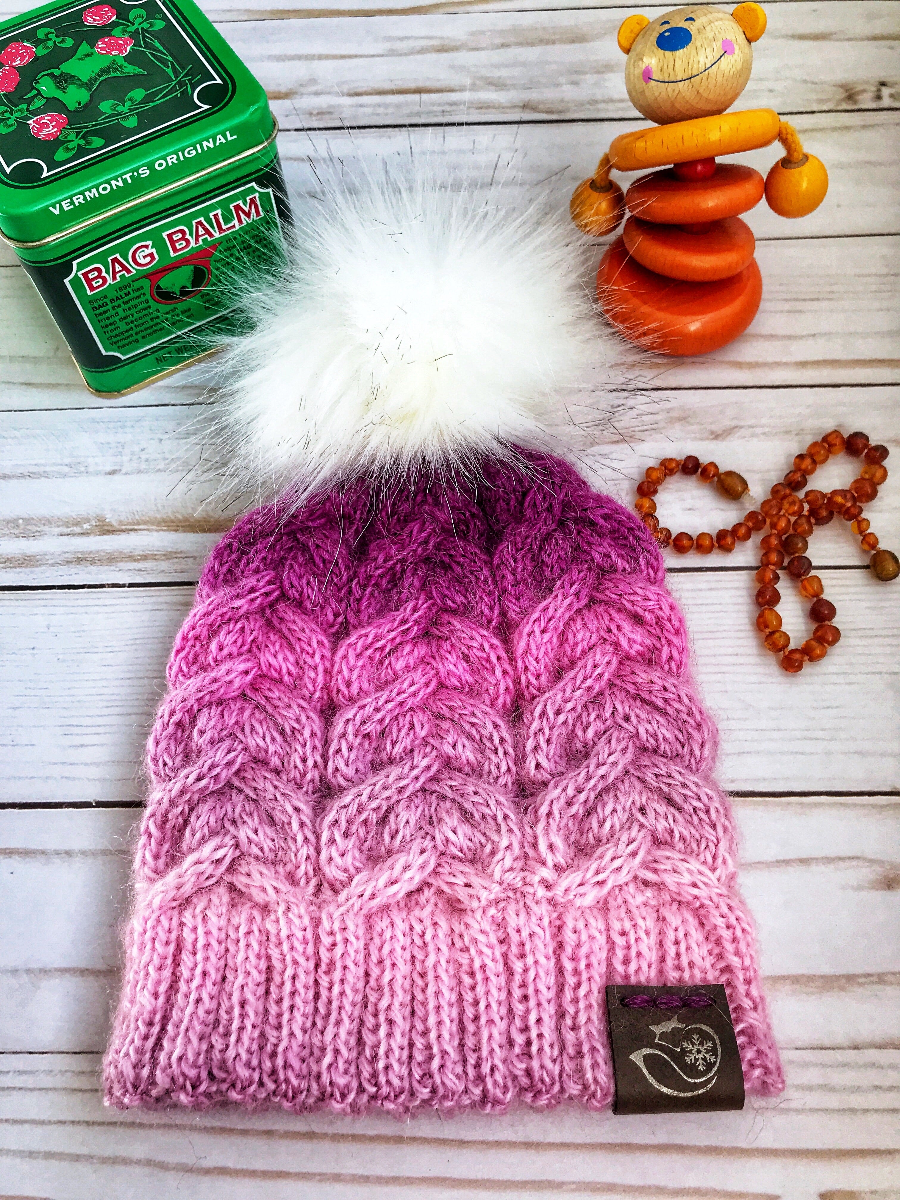Nor'easter Knits Pink Ombré Northern Lights Cabled Baby Beanie Hat
