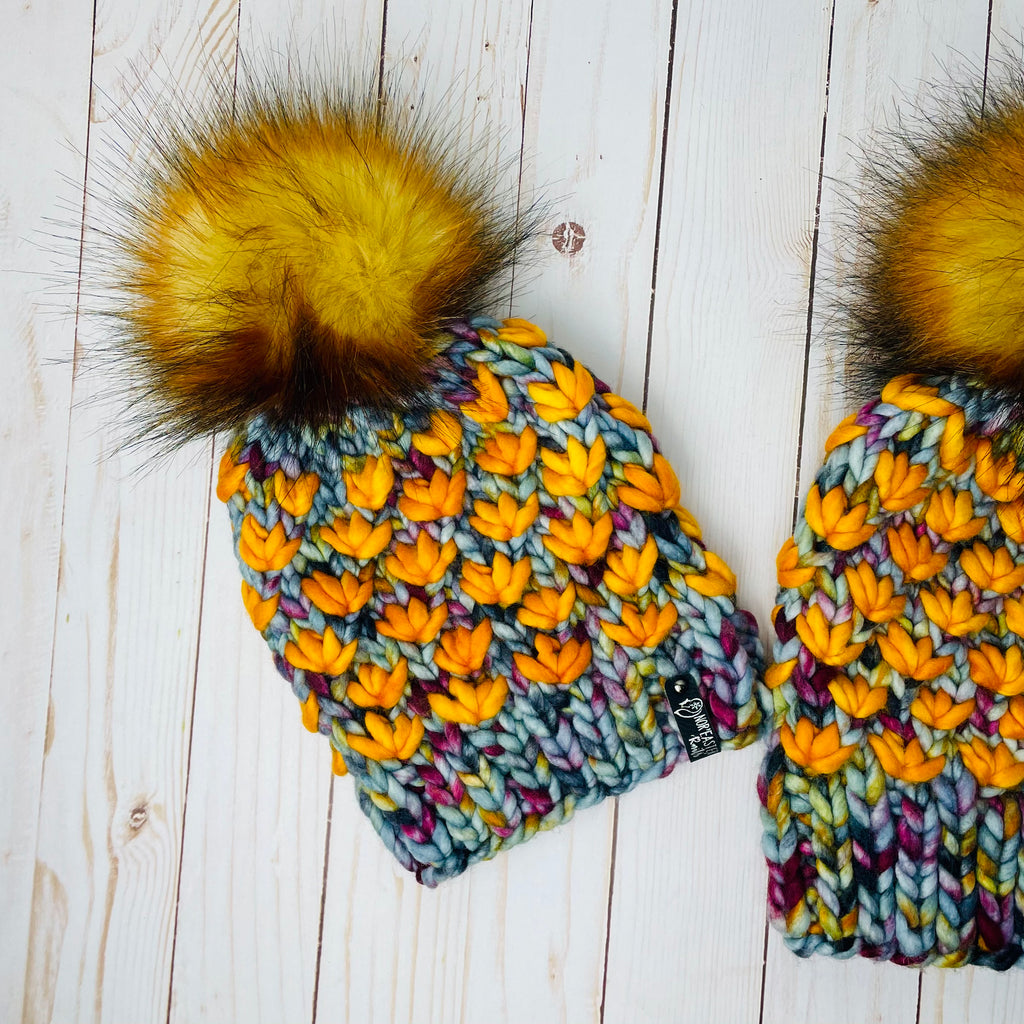 Sunset Tundra Lotus Flower Beanie 100% Merino Wool